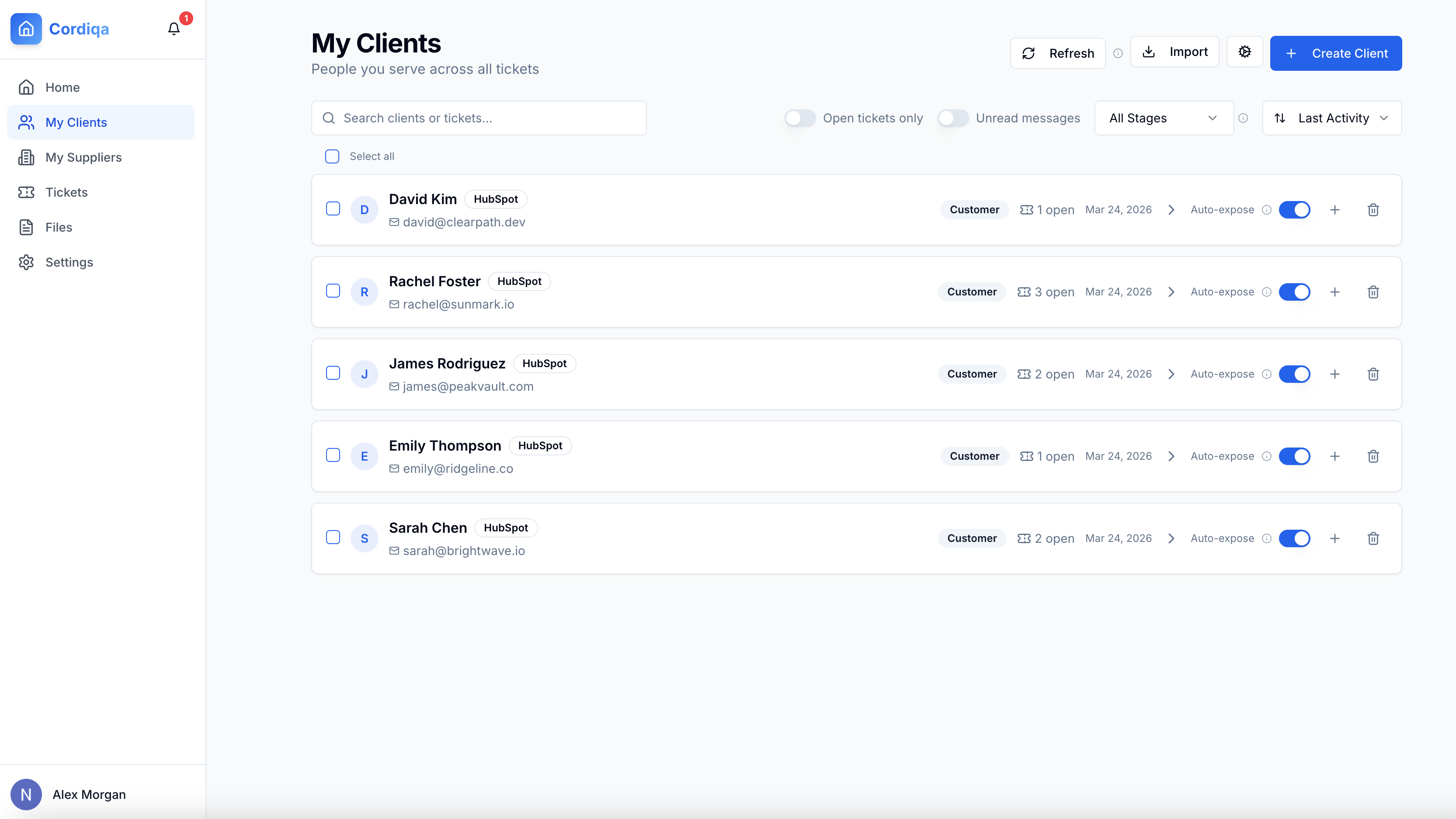 Supplier controls which HubSpot contacts get portal access — import only the clients you choose