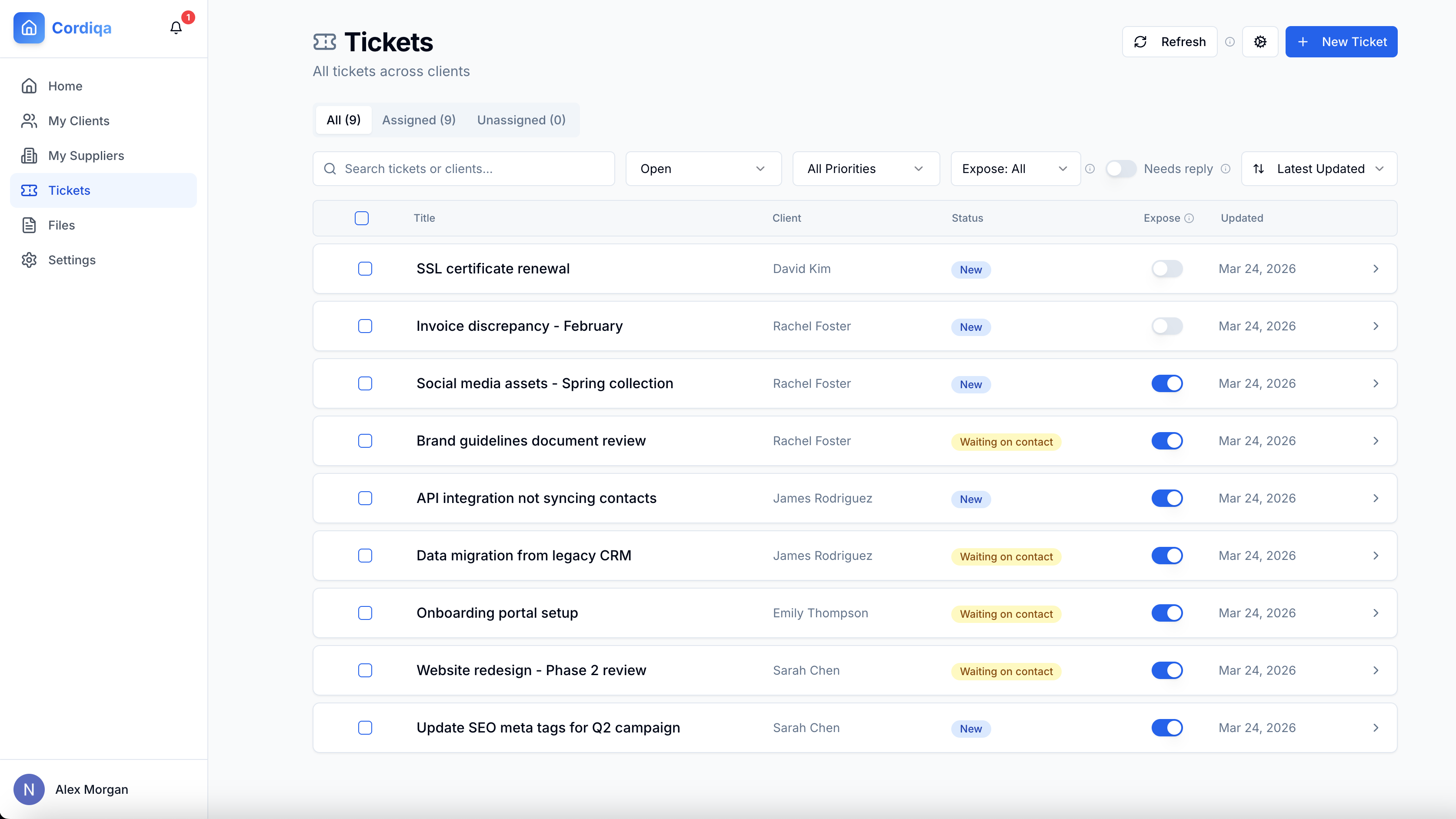 Toggle ticket visibility per client — changes sync instantly between Cordiqa and HubSpot