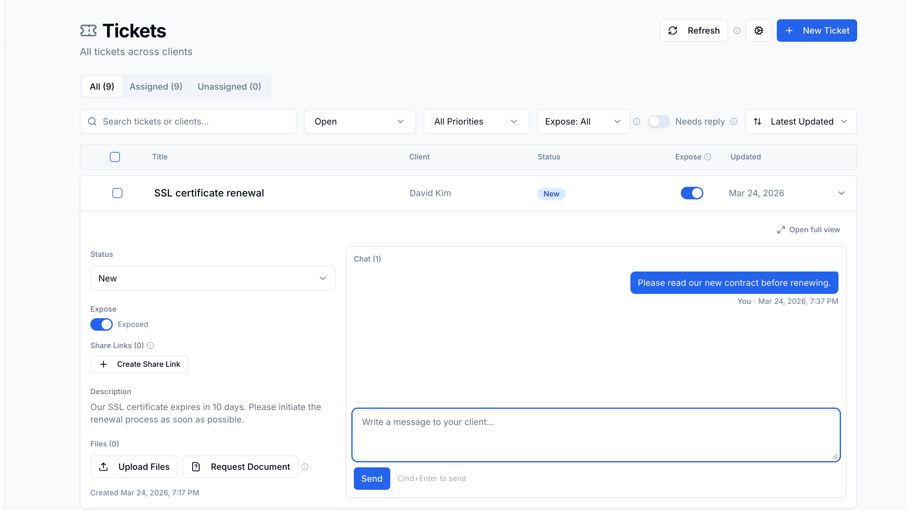 Chat-style messaging inside tickets — every message syncs as a Note in HubSpot automatically
