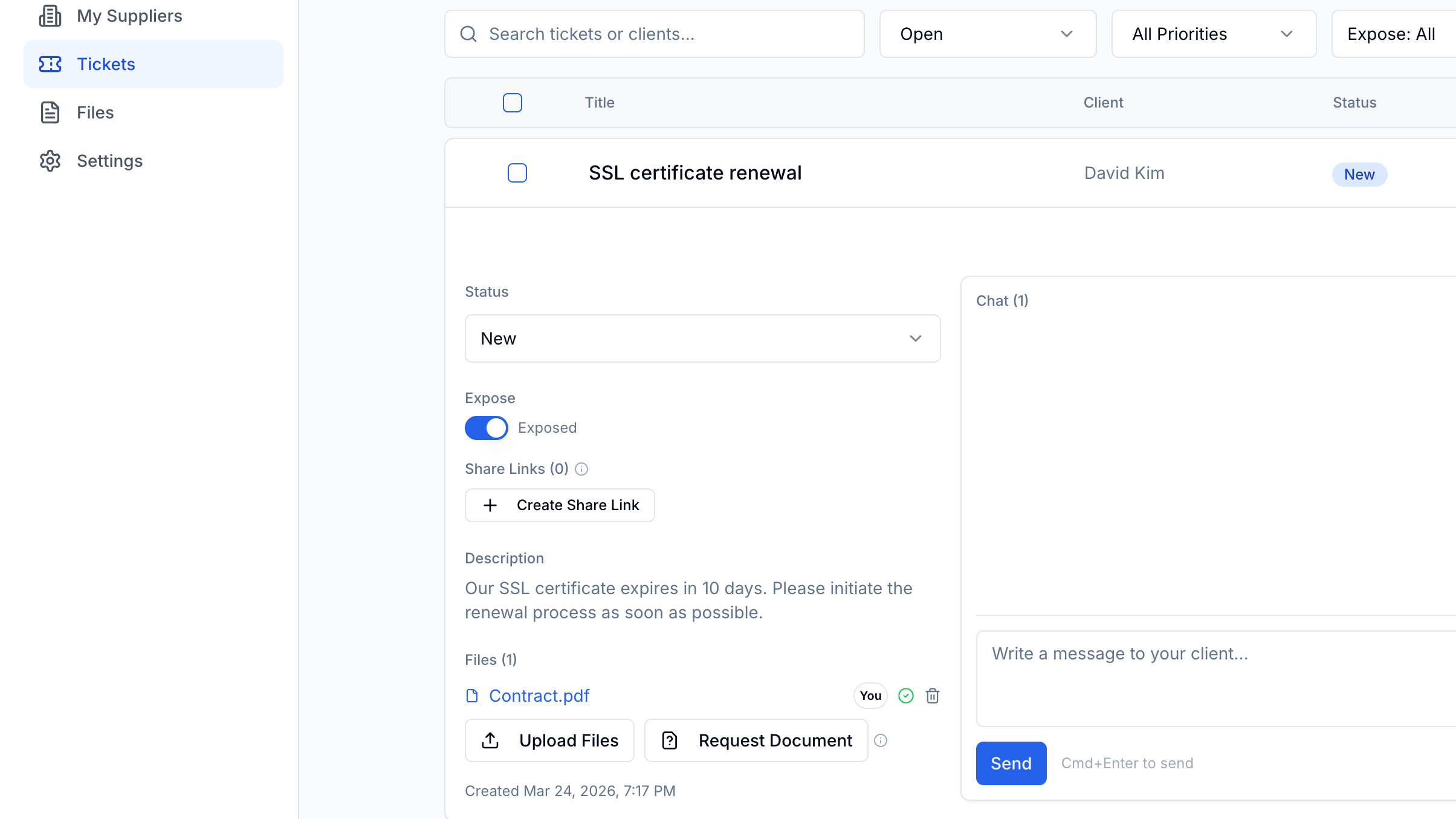 Upload and exchange files on tickets — all files stored in HubSpot File Manager under /Cordiqa/