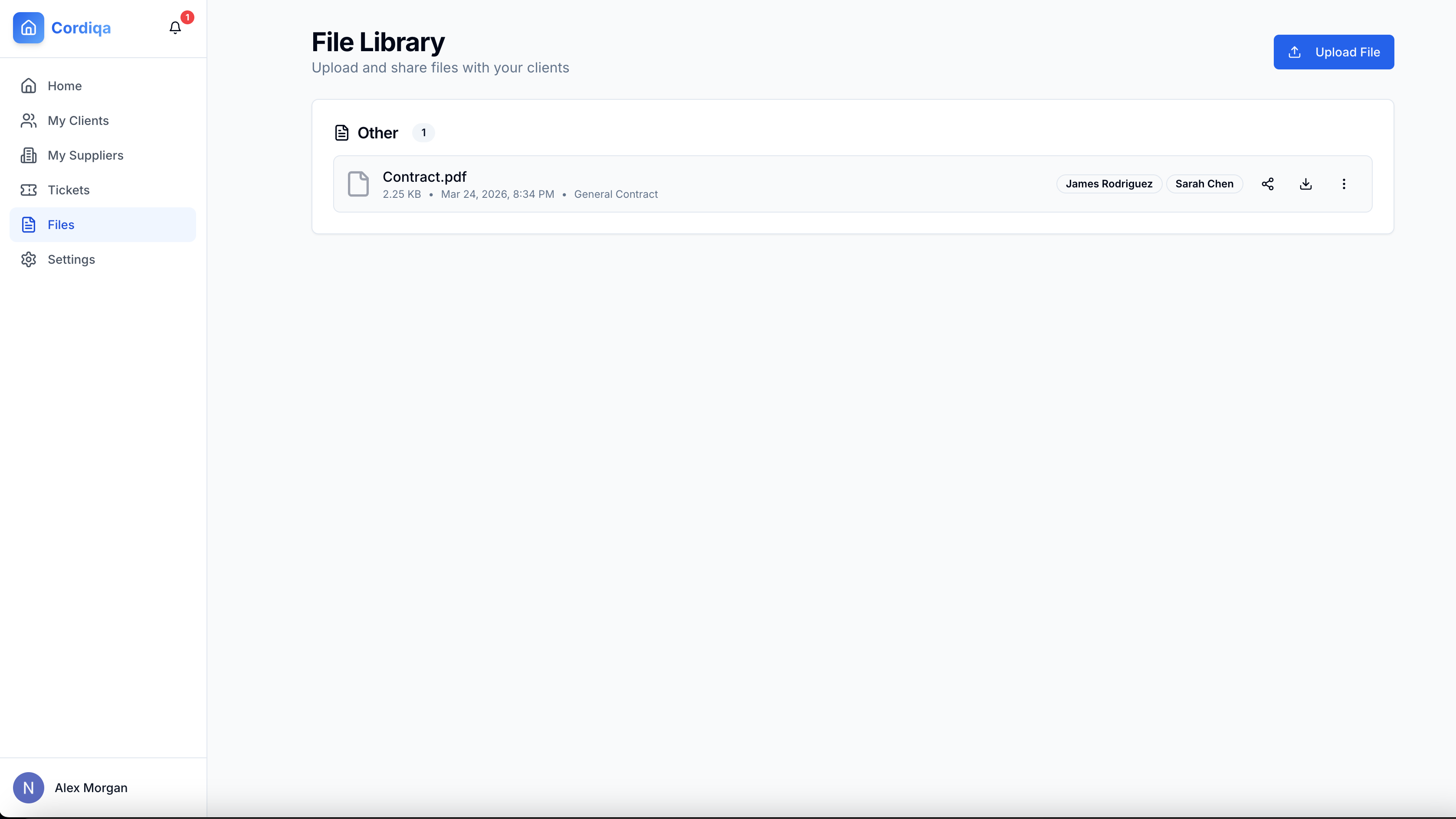Request documents from clients and share files across multiple clients from a central library